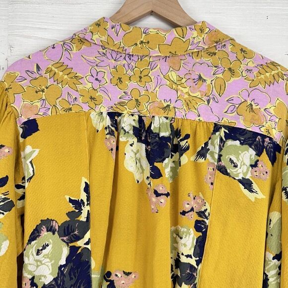 Free People Top Size S Brunch A Bunch Floral Tunic Blouse Yellow Oversized - Picture 7 of 14